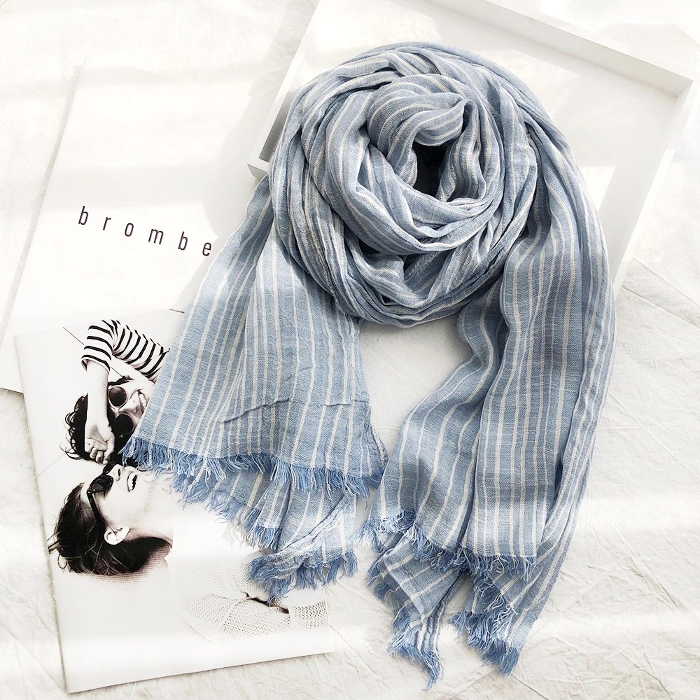 K245 Autumn and winter striped cotton and linen scarf for women classic casual silk scarf for men new pleated literary retro