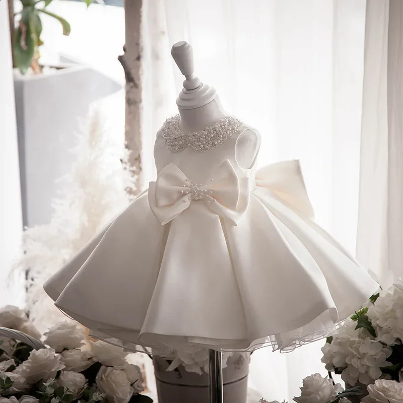 Baby Girl Dress Bow 1 Year Birthday White Wedding Satin Princess Evening Party Christening Dress Wednesday Costume Girls 250327