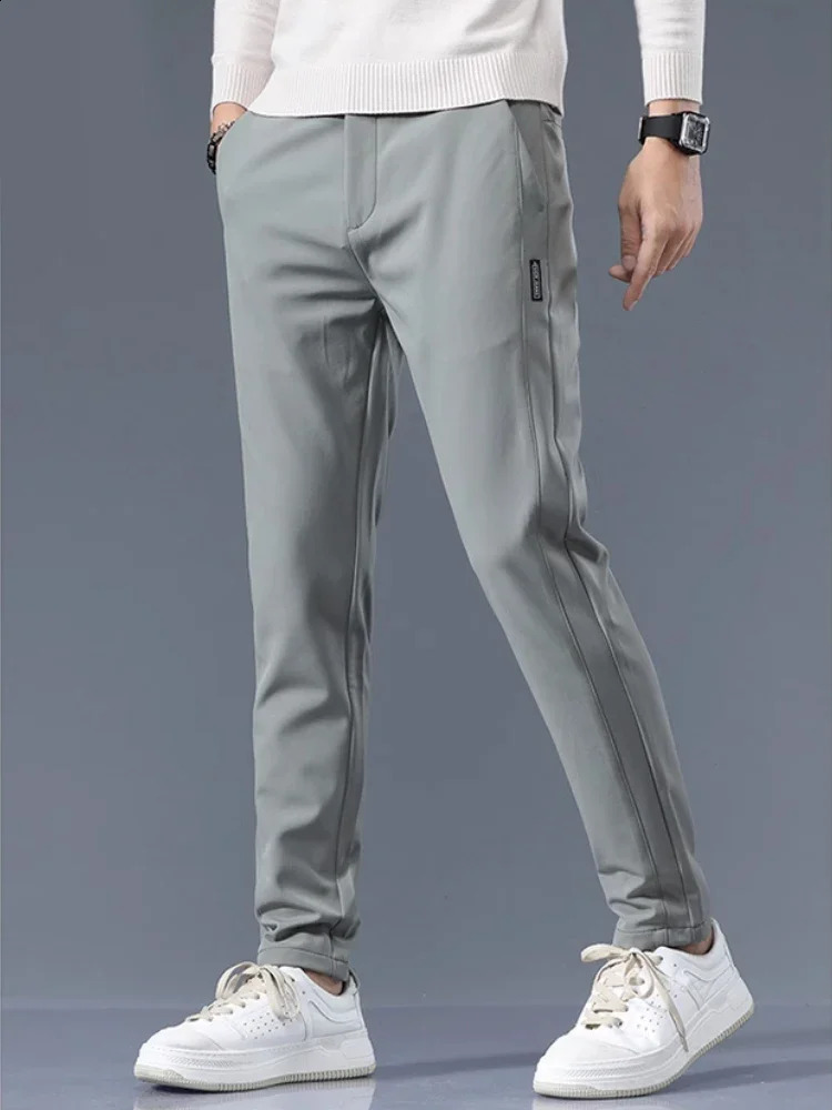 Mens casual pants semi elastic waistband nylon ice silk elastic straight tube light gray business gentleman summer casual 250409