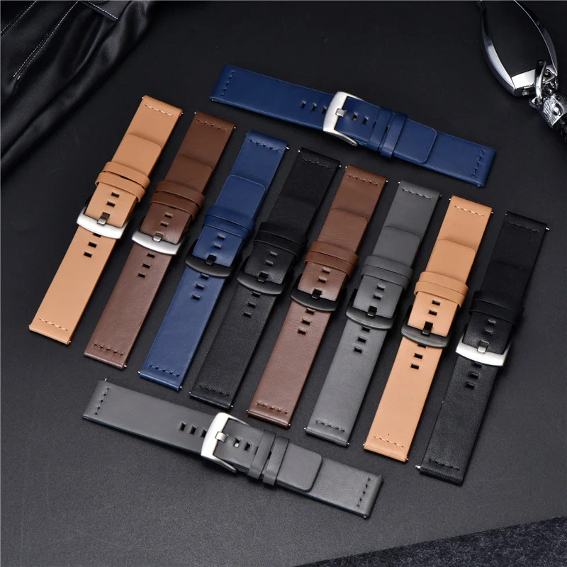 Leather Watchband Black Dark Brown Blue Calfskin Leather Watch Strap Italian 24mm Quick Release Watch Belt