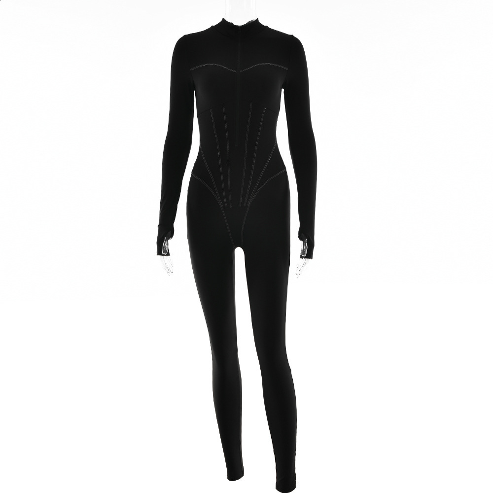 Sibybo Basic Solid Color Long Sleeve Skinny Jumpsuits Sexy Deep V Zipper Slim Leggings Fashion Autumn And Winter Women Clothes 241105