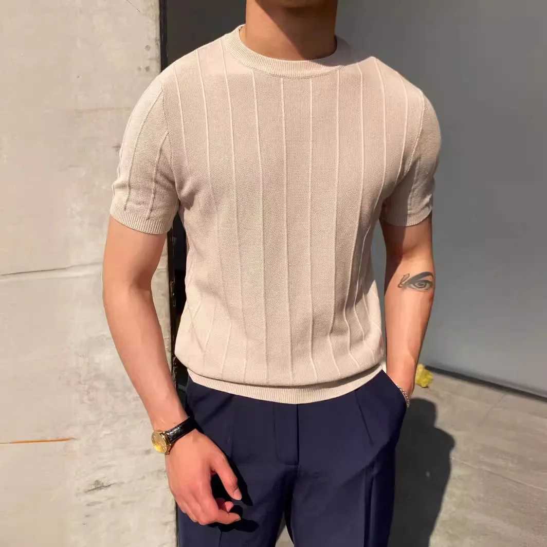 Luxury Knitted T-shirt Mens Summer New Round Neck Short Sleeve Korean Edition Bottom Top KnittedXJ250328