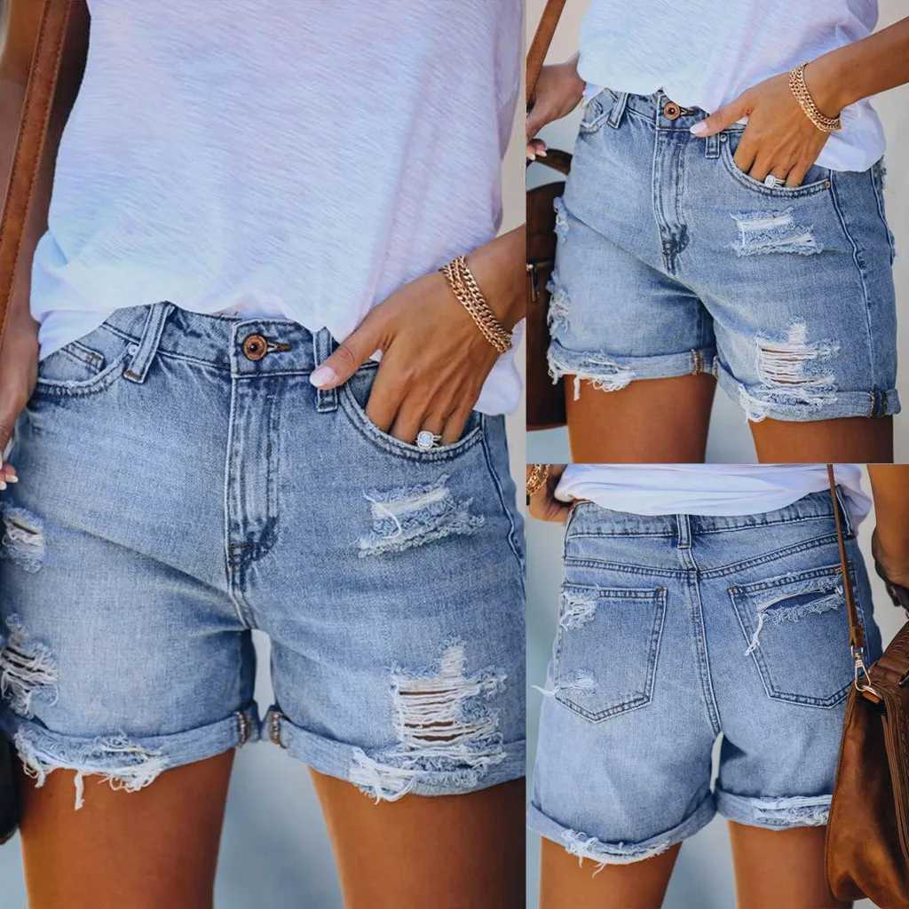 Ultra long short sleeved womens T-shirt jeans fashionable pocket bottom casual denim shorts womens pants cotton plus size shortsT250327