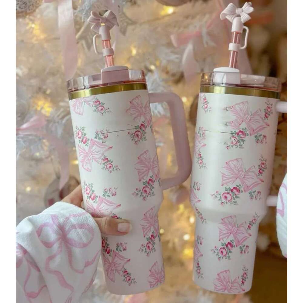 Ship From USA 40oz TUMBLER Christmas Pink Rose Blue Magnolia Mug Holiday red Stainless Steel Tumbler with Silicone Handle Lid and Straw Cups Mugs Target water bottle