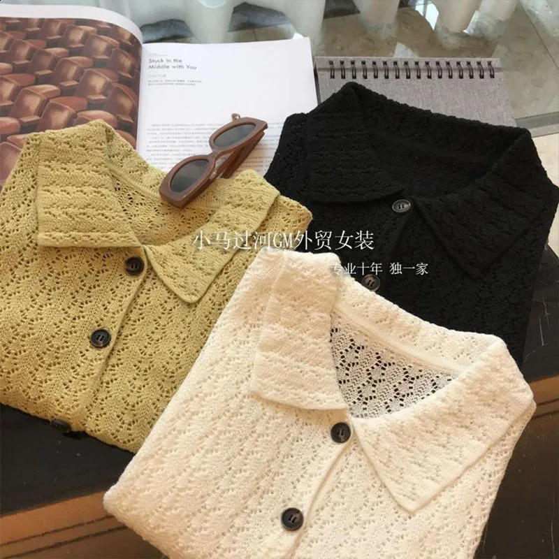 Summer French Lazy Style Hollow Polo Shirt for Women Elegant and Fashionable Knitted with Loose Solid Short Sleeve Top 250327