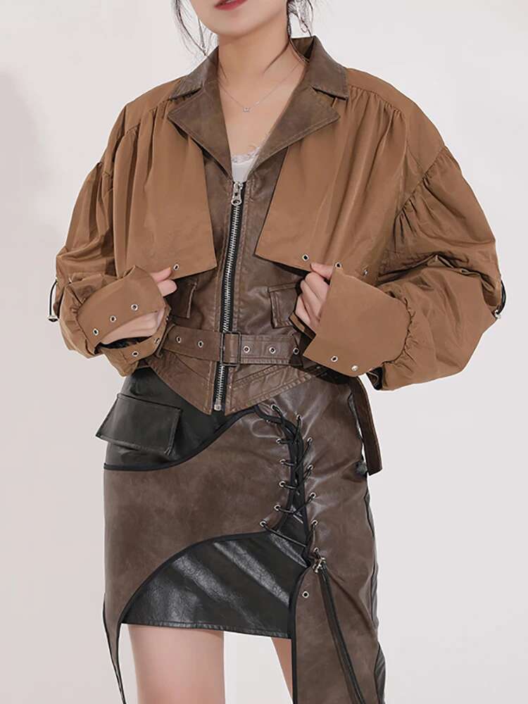 hoodie New Autumn And Winter Fashion Women Clothes Turn-Down Collar Full Sleeves Spliced PU Leather Patchwork Jacket jacket