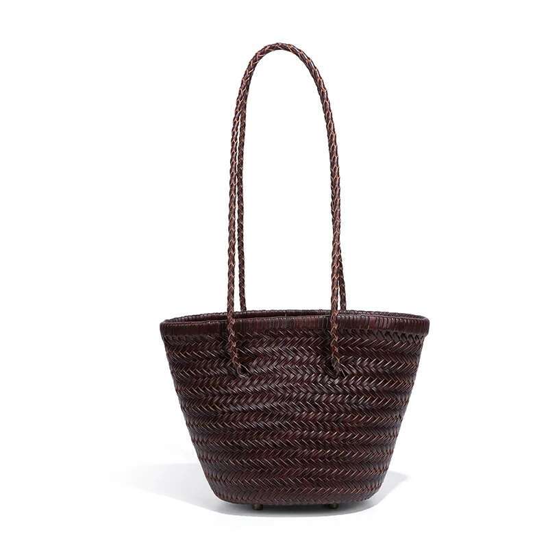 New French Retro Top Layer Cowhide Hand-Woven Single Shoulder Bucket Bag Niche Genuine Leather Vegetable Basket