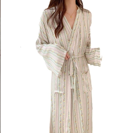 Sleeping Robe Female Ins Early Spring Recommended Striped ral Casual Satin Home Clothing Belt