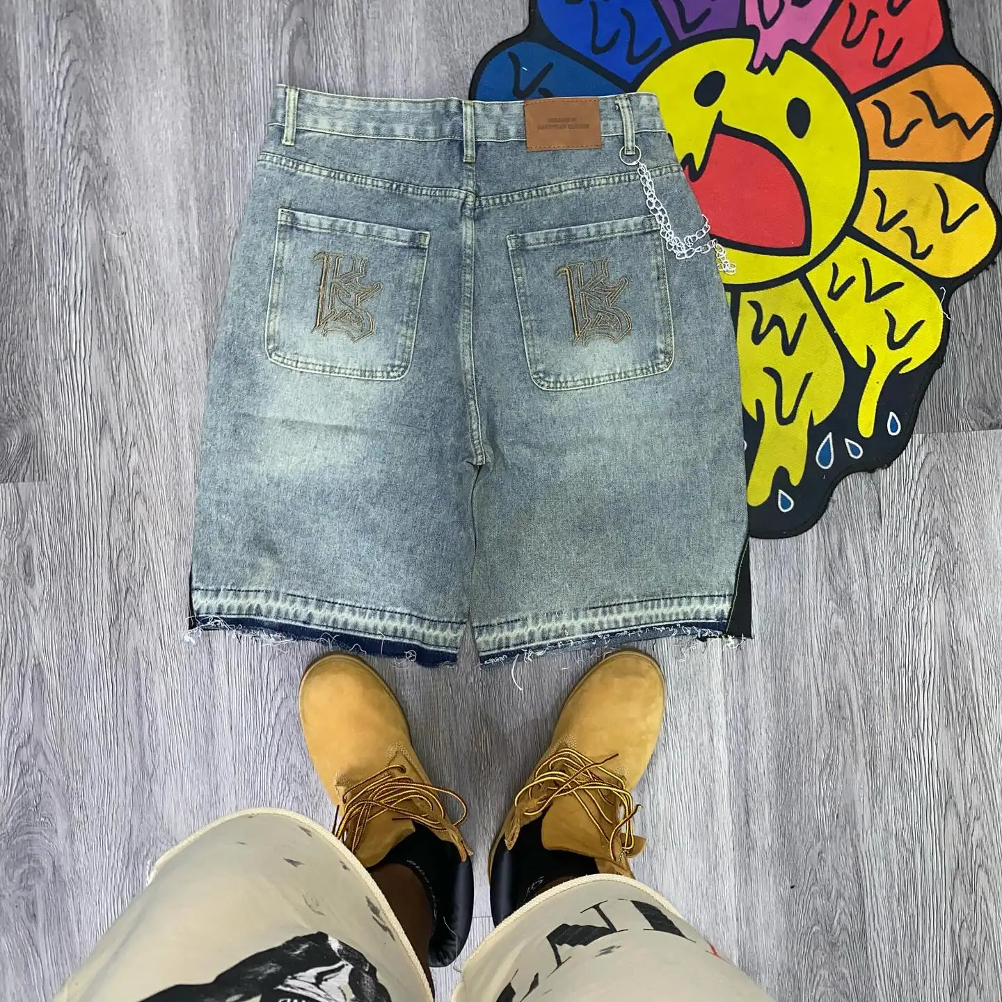 Men Women American Denim Shorts Y2K Jeans Gothic Cartoon Patchwork Embroidery Retro Blue Loose Fitness Casual Basketball Shorts 250328