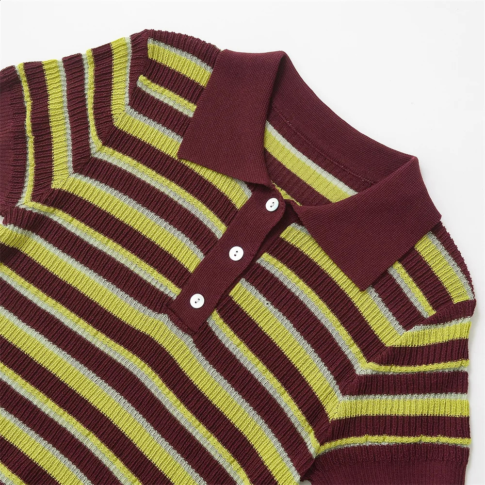 2025 Spring/Summer Product Fashion Womens Wear Color Contrasting Stripe POLO Collar Short Sleeve Knitted Shirt Casual Versa 250328
