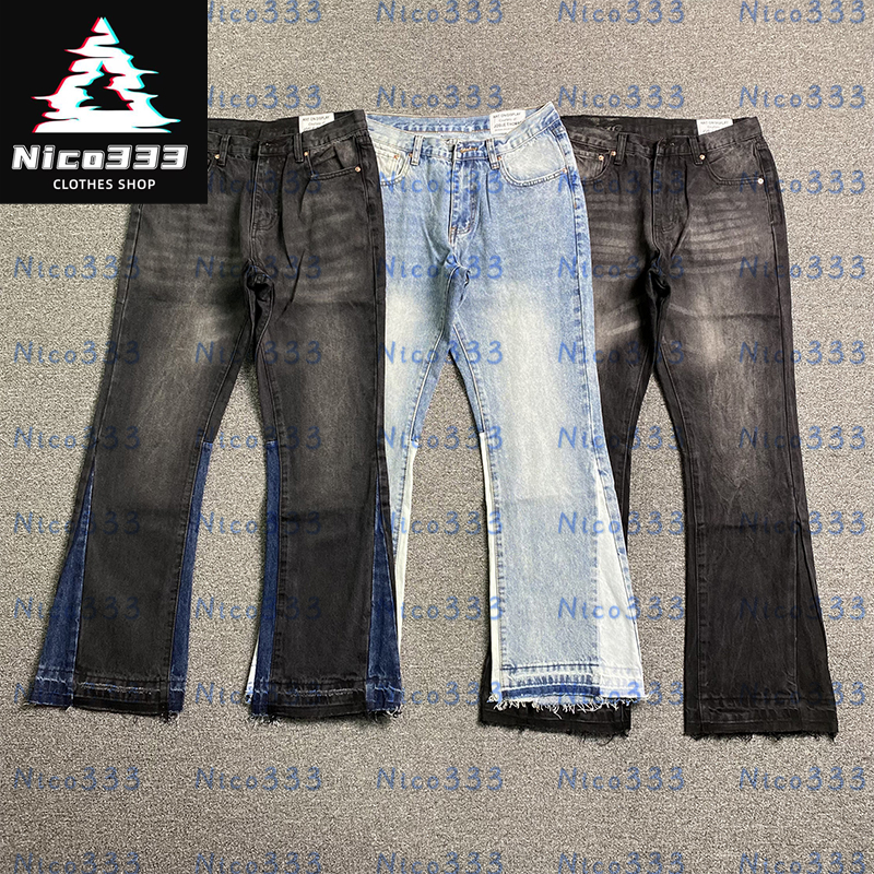 Splicing color collision classic straight leg worn edge washed vintage hundred street men and women trend loose flare jeans