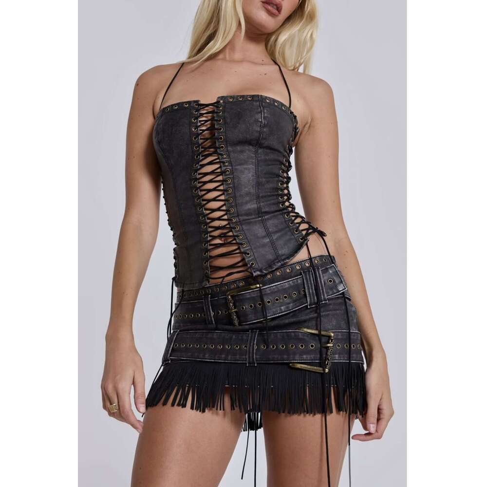 Jaded London~Hollow Out Strap PU Leather Bra Vest, Dark Y2k Style Sexy Spicy Girl Suspender Strapless