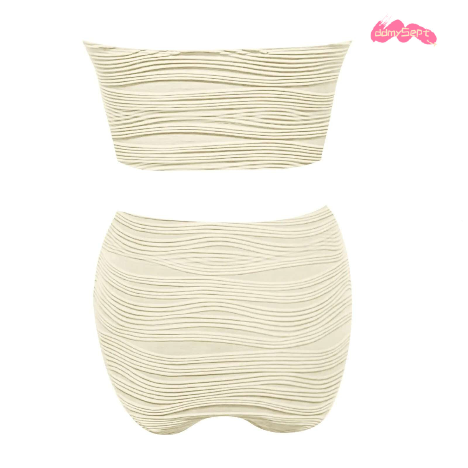 Strapless Solid Tankinis Set Ribbed Beachwear High Waist Bikini Swimsuits Bather Bathing Swimwear Women 2025 ddmySept