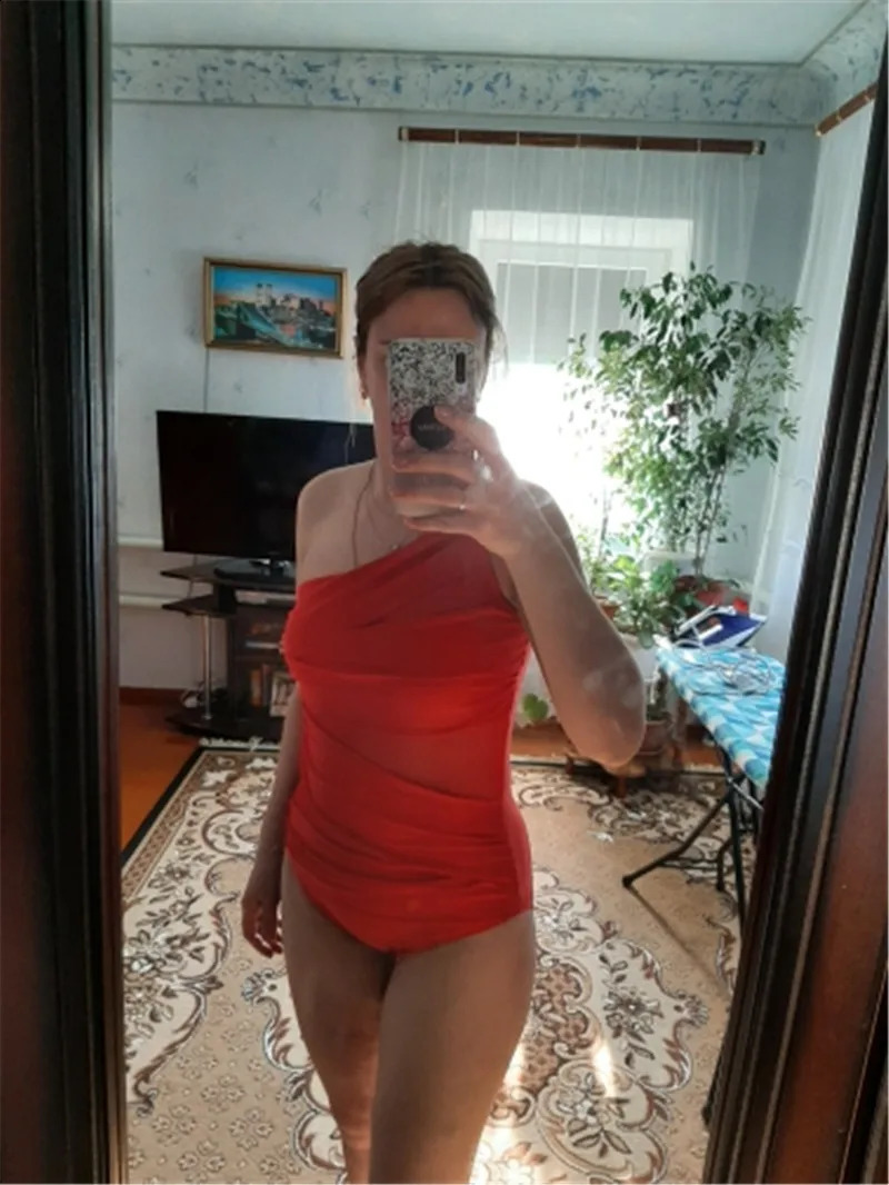 M-3XL 4XL Plus Size Swimsuits Women One Shoulder Slim Swimwear For Women Mesh Solid Black Red Blue Push Up Padded Bathing Suits 250327