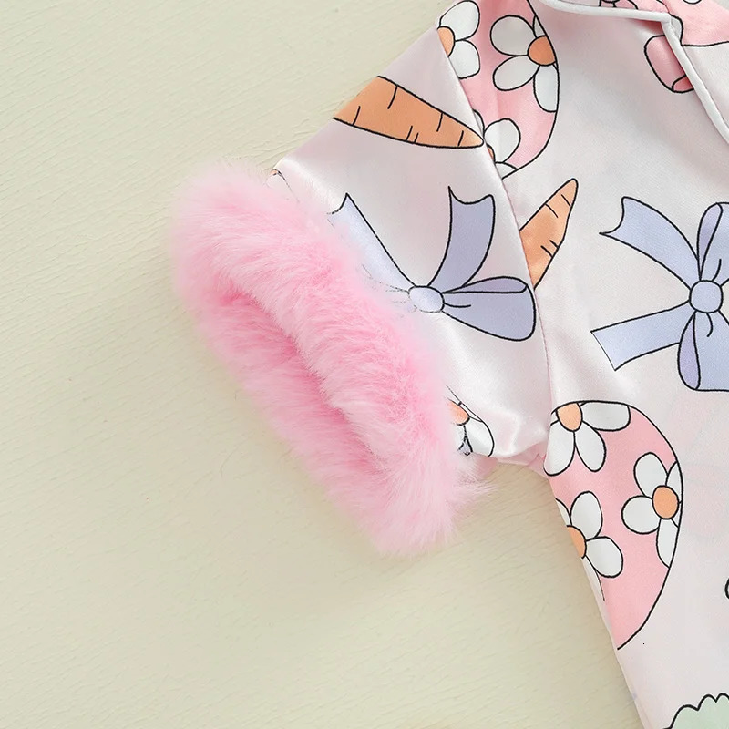 Kids Girls Easter Pajamas Set Easter Eggs Carrot Print Short Sleeve Shirts Elastic Waist Shorts 2 Pieces Lounge Suit Sleepwear 250328