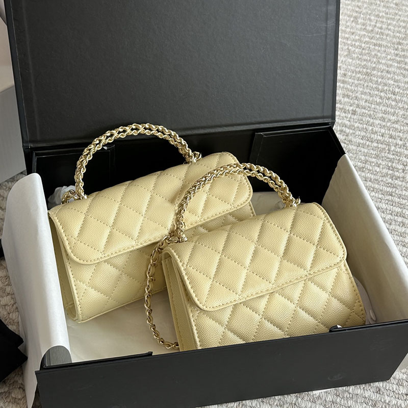 Cross Metal Handle Ladies Designer Mini Yellow Flap Bag Two Sizes Caviar Leather Woven Hardware Gold Matelasse Chain Clutch Coin Handbag Shoulder Wallet 15/19cm