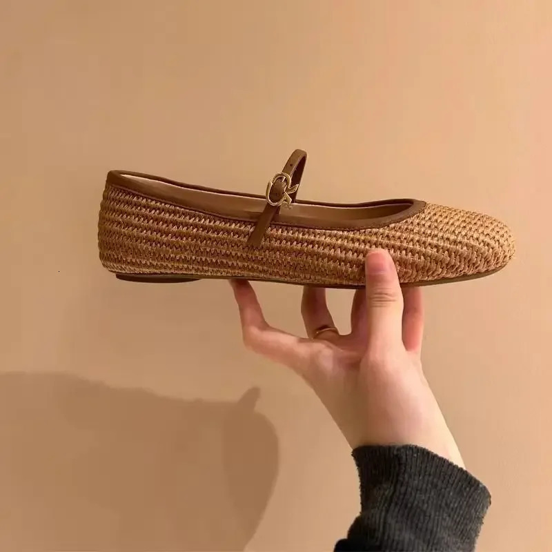 Spring Summer French Style Mary Jane Shoes Weaving Hollow Out Sandals Square Toe Buckle Strap Flats Shoes Women 250328