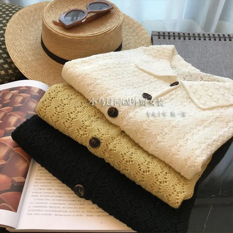 Summer French Lazy Style Hollow Polo Shirt for Women Elegant and Fashionable Knitted with Loose Solid Short Sleeve Top 250327