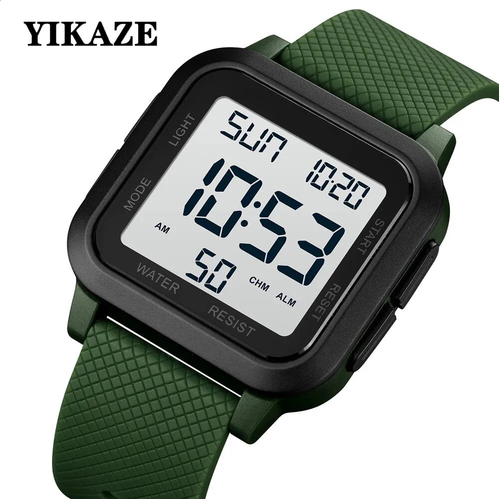 YIKAZE Black Sports Watch Mens Digital Watch Alarm Chrono Clock 3Bar Waterproof Military Men Watches LED Electronic Wristwatch 250328