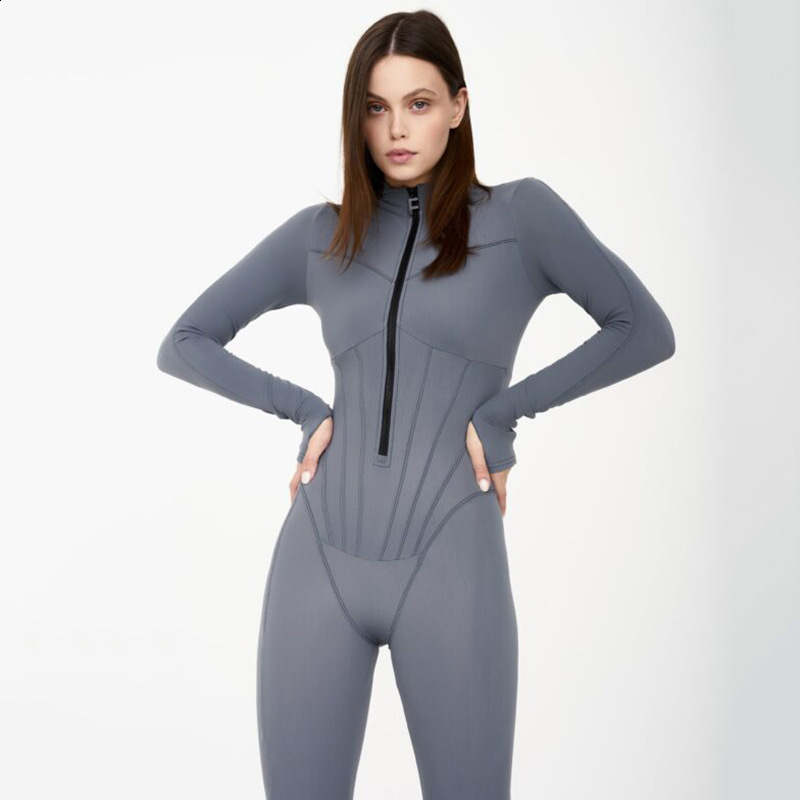 Sibybo Basic Solid Color Long Sleeve Skinny Jumpsuits Sexy Deep V Zipper Slim Leggings Fashion Autumn And Winter Women Clothes 241105
