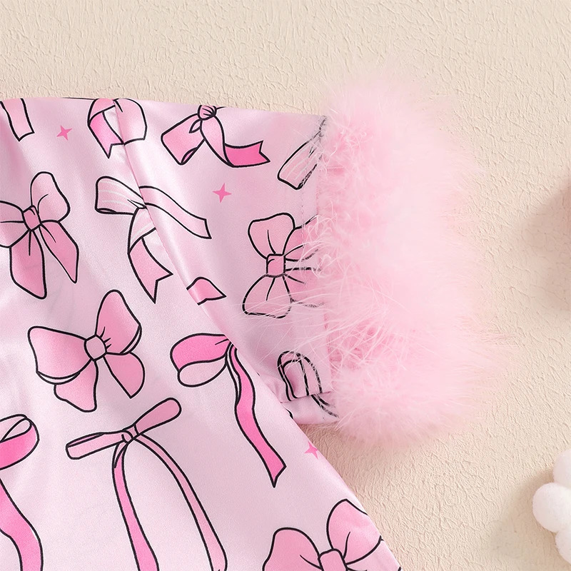 Girls Summer Pajama Set with Cute Bow Print Short Sleeve Shirt and Elastic Waist Shorts for Comfortable Sleepwear Loungewear 250328