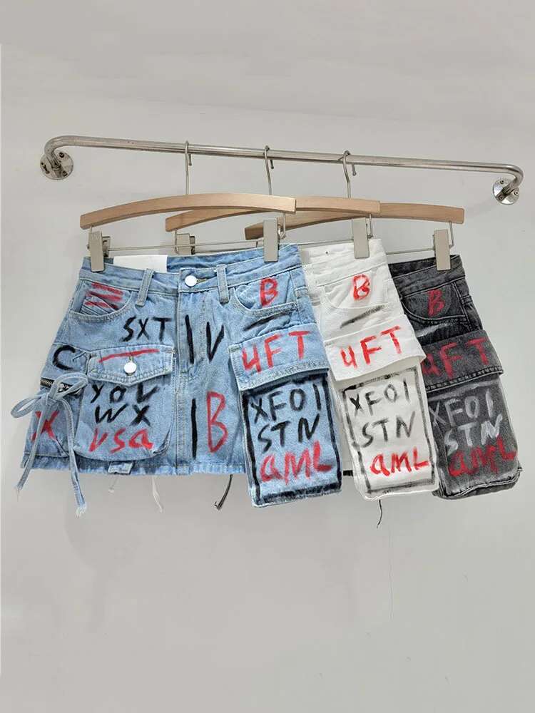 Trendy Vintage Women's Print Letter Pocket Mini Denim Skirts Spring Fashion New Items High Waist Skirt Female