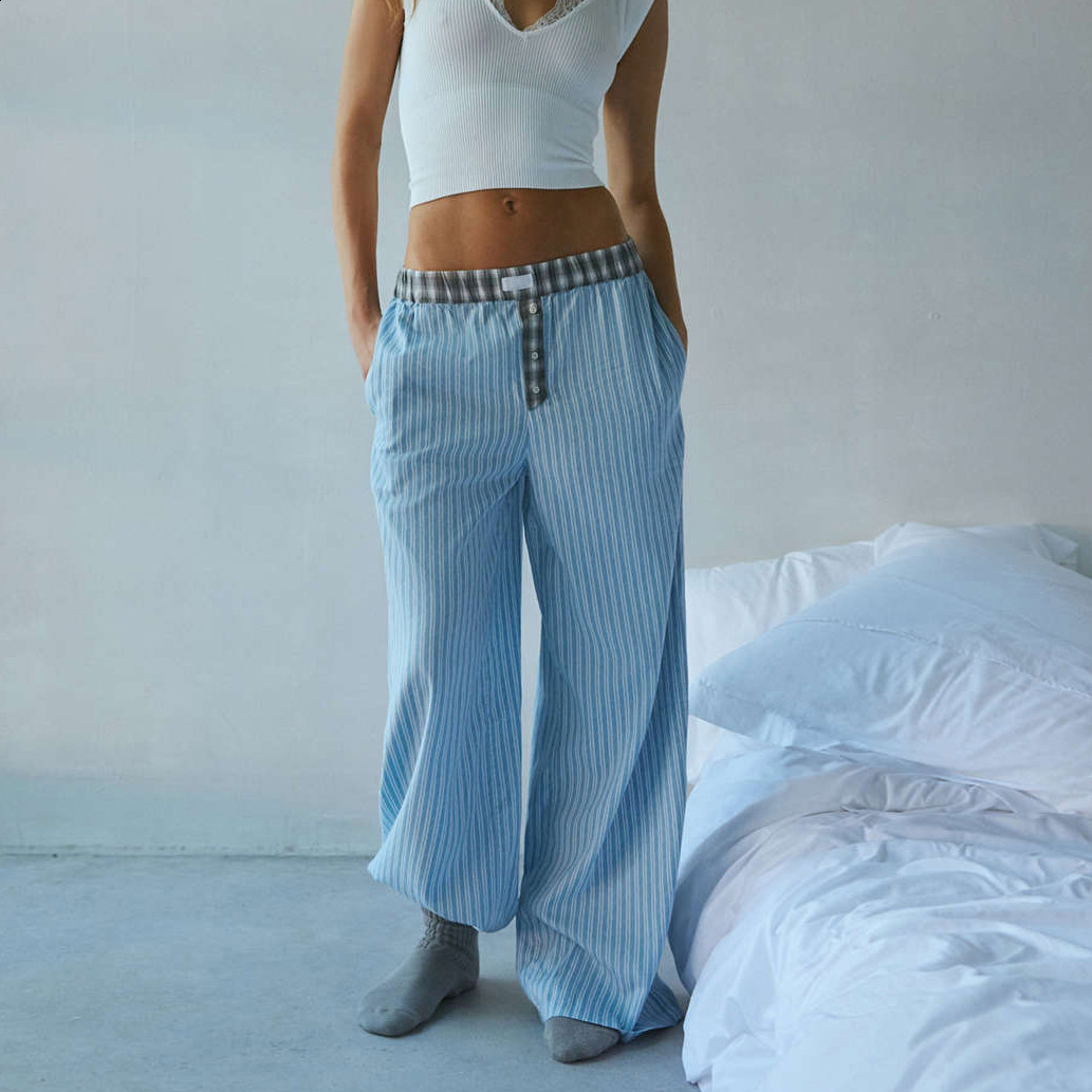 2025 Spring/Summer New Womens Casual Comfortable plaid Pants Straight Leg Wide Leg Pants for Women 250108