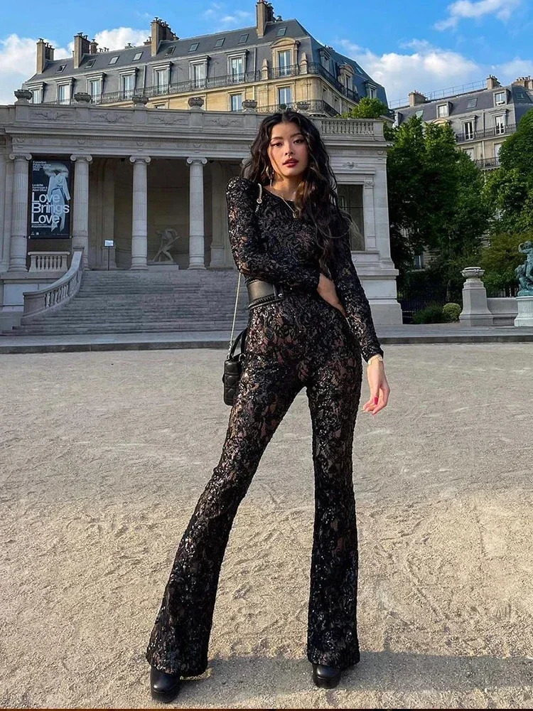 Fashion Lace Sequin Jumpsuit For Women Spring Elegant Round Neck Overall With Belt Female Chic Long Sleeve Lady Streetwear 250328