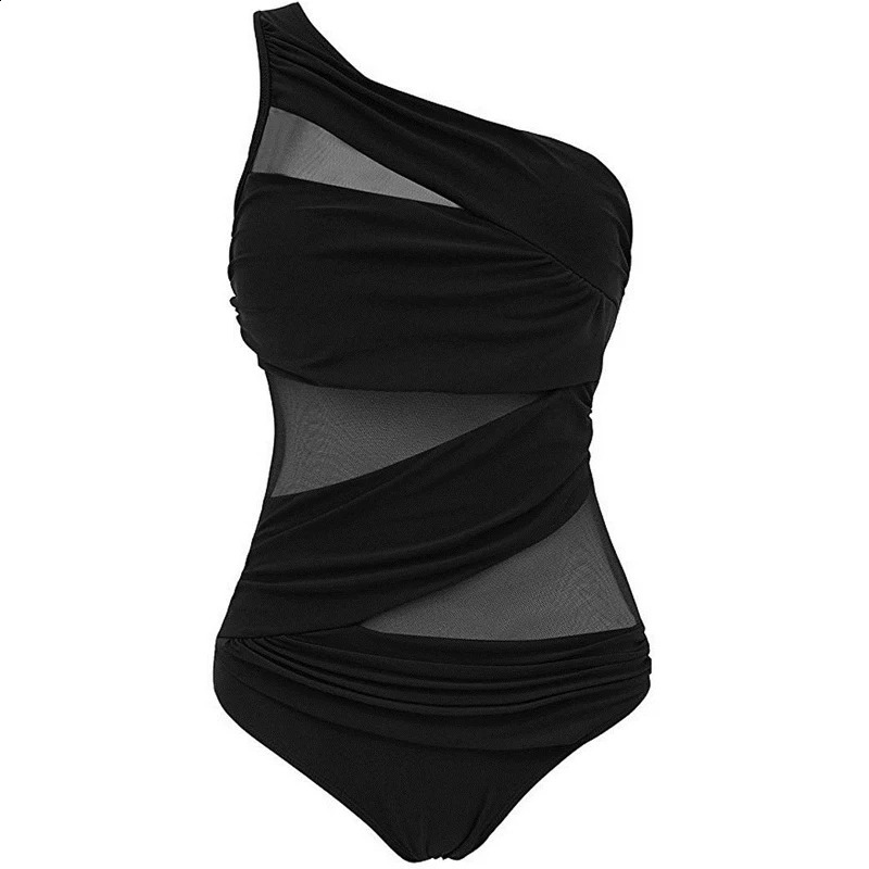 M-3XL 4XL Plus Size Swimsuits Women One Shoulder Slim Swimwear For Women Mesh Solid Black Red Blue Push Up Padded Bathing Suits 250327