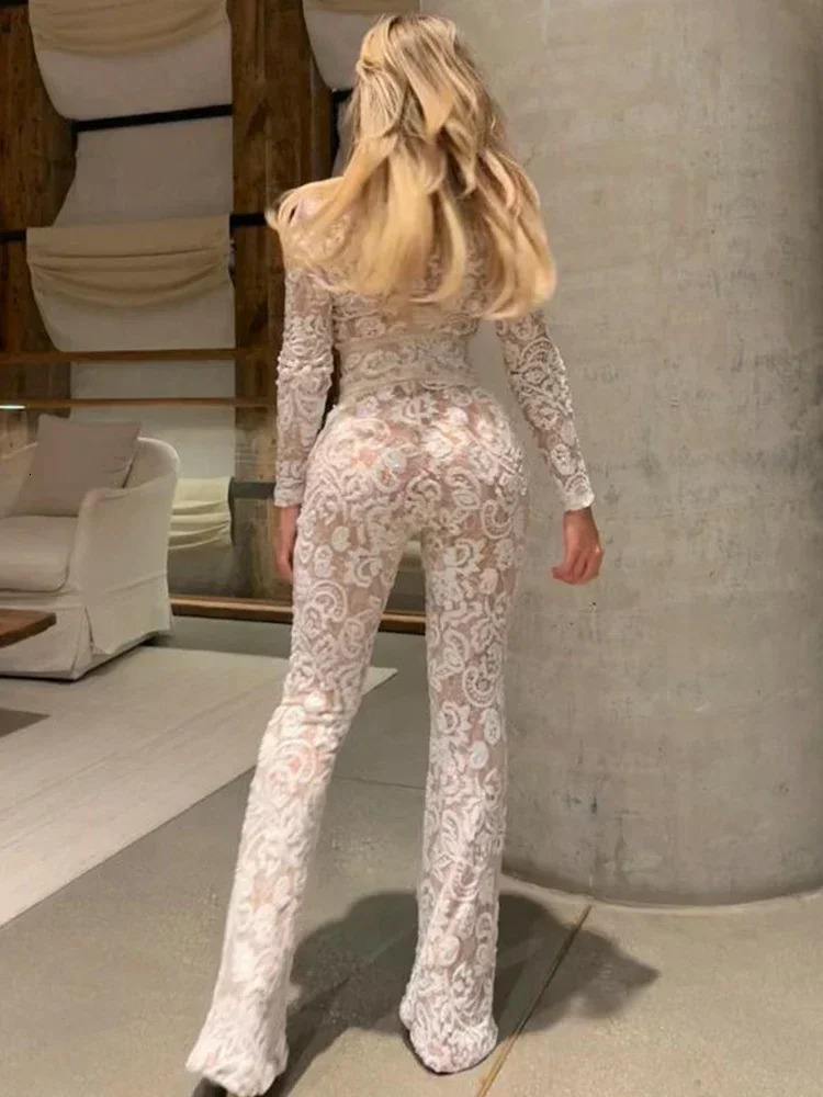 Fashion Lace Sequin Jumpsuit For Women Spring Elegant Round Neck Overall With Belt Female Chic Long Sleeve Lady Streetwear 250328