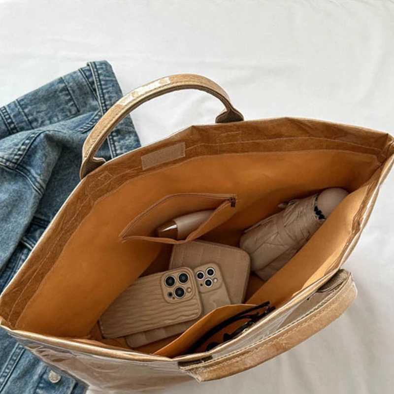 Solid color handbag PVC kraft paper large capacity homeless handbag womens casual shopping letter printed top handle handbag Z250328