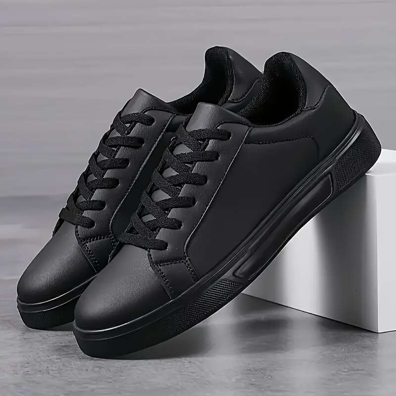 designer shoes men's Classic Black Faux Sneakers, Round Toe Casual Sports Style All-Season Slip-Resistant Durable Shoes with EVA Sole Breathable