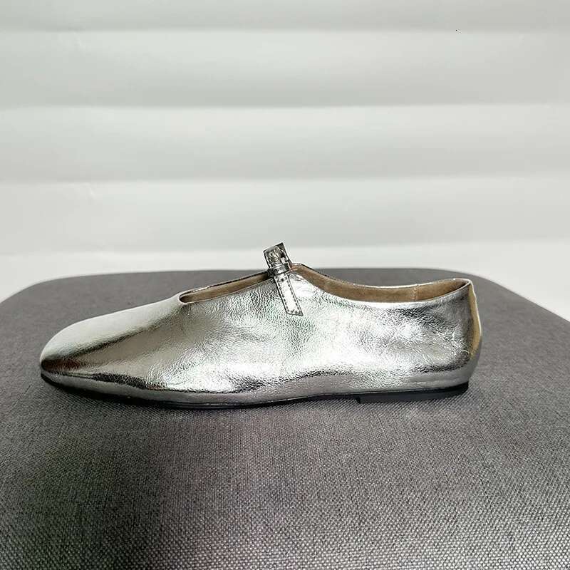 Casual Sneakers Woman Top-Grain Leather Brown Square-toed Single-bar Buckle Soft Sole Low-cut Ballet Flats For Spring And Autumn