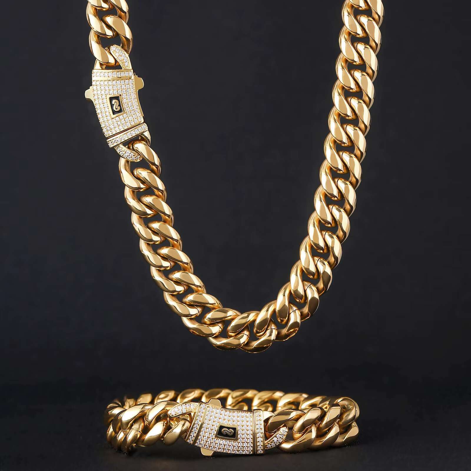 BES 6-14mm Miami Cuban Chain Necklace Bracelet Set 14K 18K Gold Stainless Steel Monaco Cuban Link Chain Necklace Hip Hop for Men