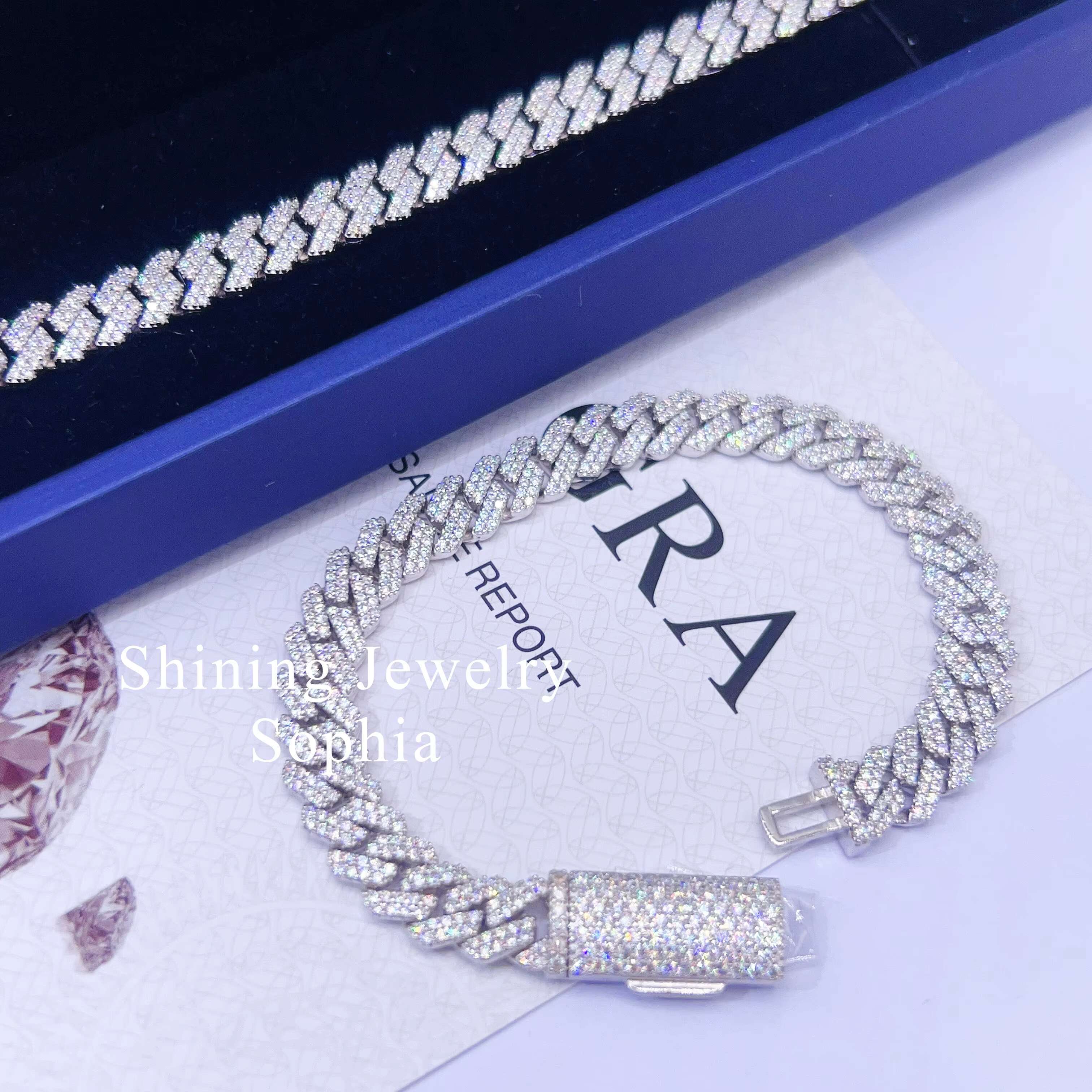 Hip Hop Iced Out Moissanite Jewelry 8mm 7inch 8inch 9inch Silver Cuban Link Moissanite Diamond Cuban Bracelet