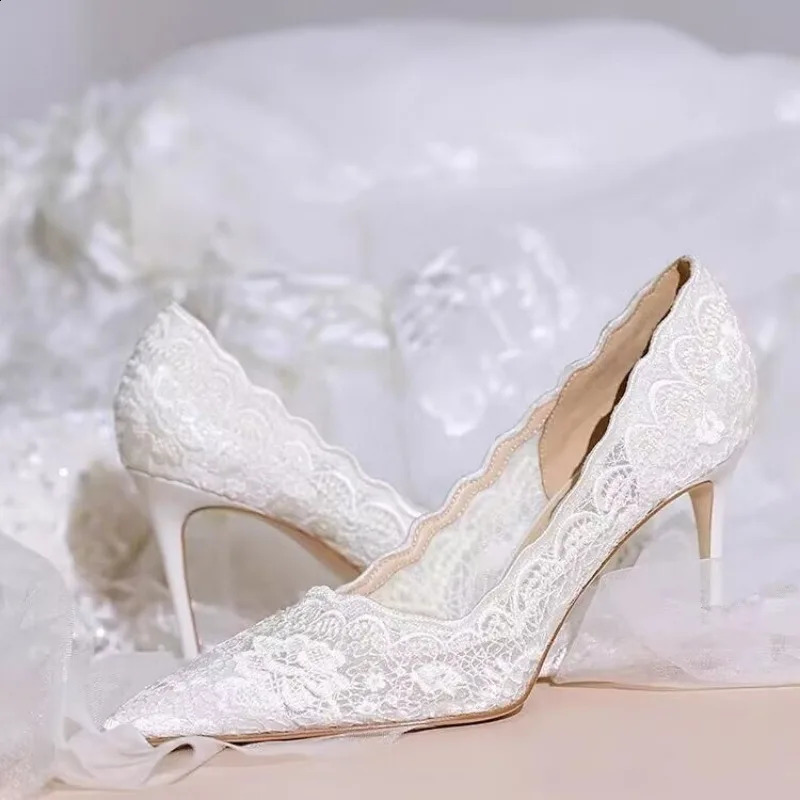 Bridal White Lace Stiletto High Heels Womens Party Corner Toe Mesh Shallow Pump Leather Official Wedding Shoes 250326