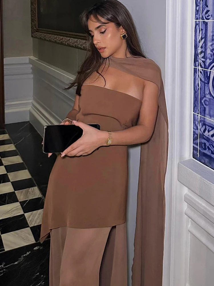 Nibber Simple Fad Elegant Womens 2piece Strap Shawl TopStrapless Splicing Mesh Irregular Dress Summer Matching Set 250328