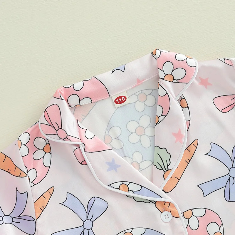 Kids Girls Easter Pajamas Set Easter Eggs Carrot Print Short Sleeve Shirts Elastic Waist Shorts 2 Pieces Lounge Suit Sleepwear 250328