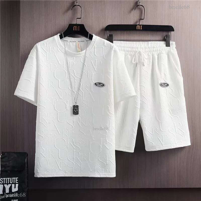 Summer Tshirt Shorts 2 Pieces Set White Tracksuit Men s 3D Letters Vintage Streetwear Creative Pattern Men Sets Short Outfits 220615