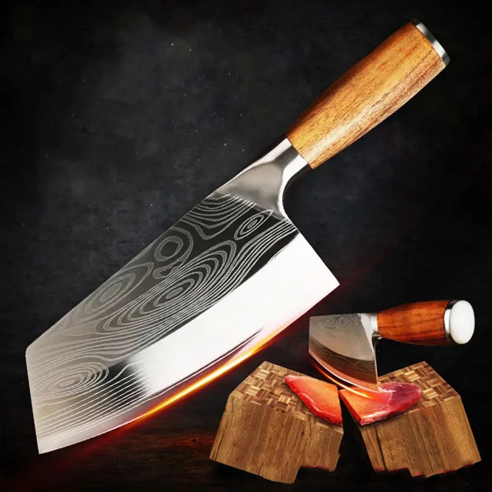 Professional Cleaver Knives Heavy Duty Chinese Knife Wooden Handle Laser Damascus Knife Cleaver Meat Chicken Fish Kitchen Knife 250327