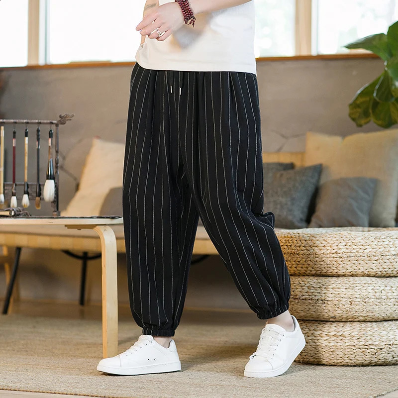 Japanese style striped summer cotton linen harem pants mens street clothing breathable beach pants mens casual calf pants 250327