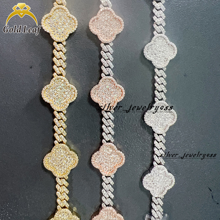 Luxury Moissanite Chain Bracelet Hot New Hip Hop Style Iced out Lucky Flower Cuban Link Gold Bracelet