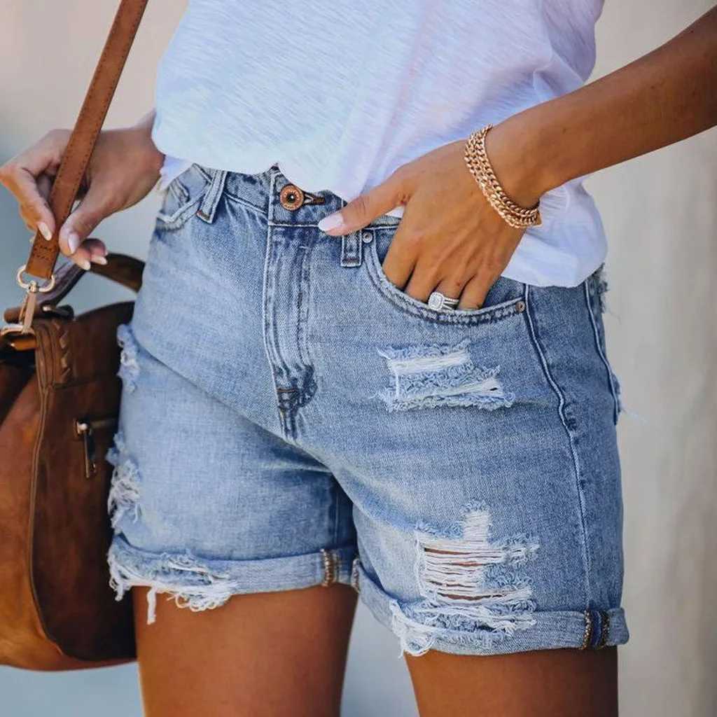 Ultra long short sleeved womens T-shirt jeans fashionable pocket bottom casual denim shorts womens pants cotton plus size shortsT250327