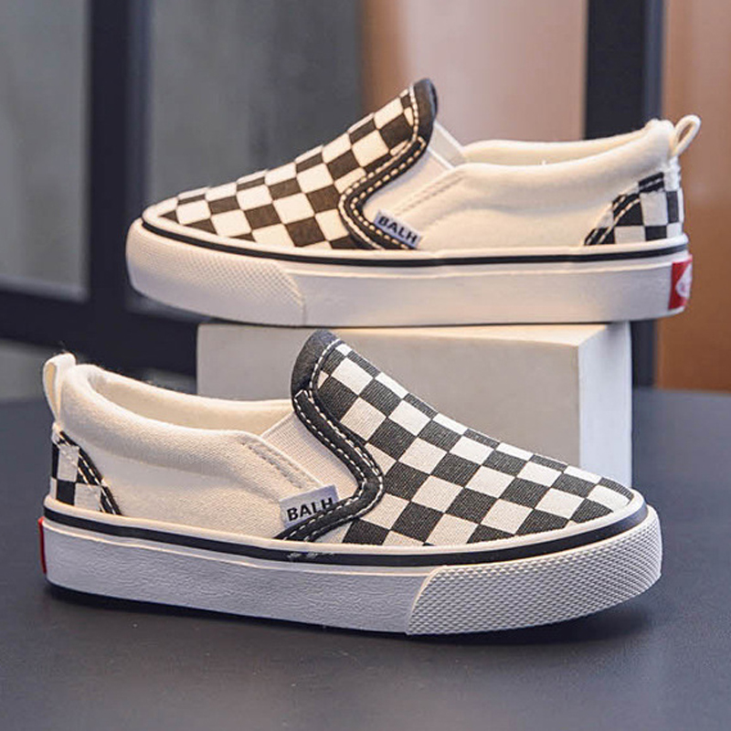 2025 Kid Canvas Shoes White and Black Plaid Checkered Casual Sneakers Toddler Soft Sole Fashion Shoes for Boys Girls Size US4c-US4y H0181