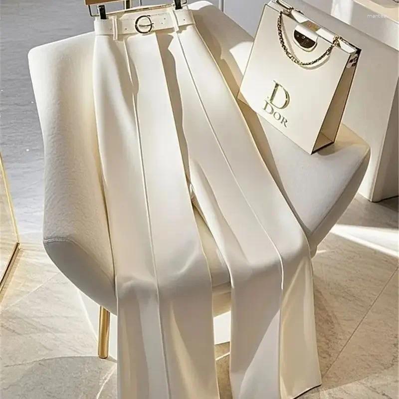 Women's Pants High End Elegant White Pant Women Spring Summer Waist Solid Color Casual Narrow Straight Legs Trousers Office Lady