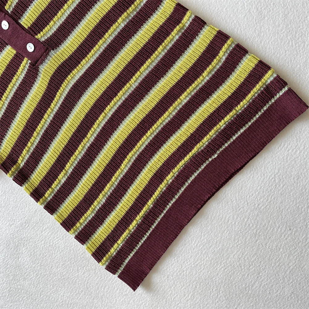 2025 Spring/Summer Product Fashion Womens Wear Color Contrasting Stripe POLO Collar Short Sleeve Knitted Shirt Casual Versa 250328