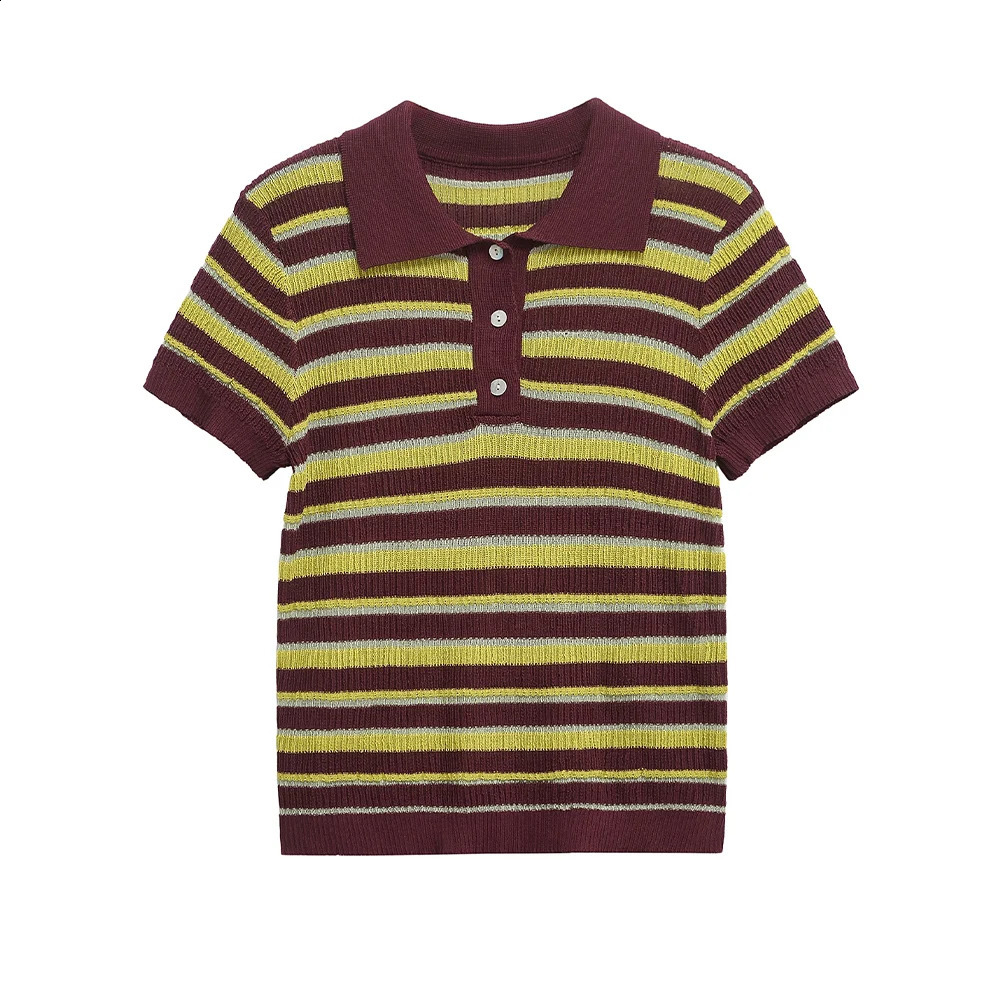 2025 Spring/Summer Product Fashion Womens Wear Color Contrasting Stripe POLO Collar Short Sleeve Knitted Shirt Casual Versa 250328