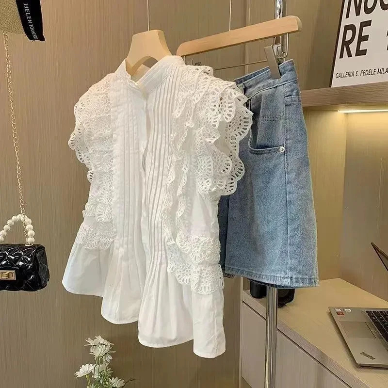 Sweet Ladys Sleeveless Shirts Blouses Korean Chic Stand Collar Womens White Shirt Tiered Ruffle Lace Patchwork Casual 250331