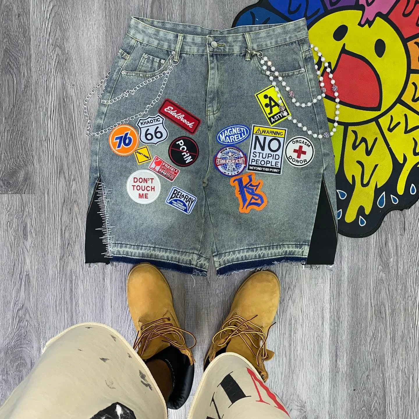 Men Women American Denim Shorts Y2K Jeans Gothic Cartoon Patchwork Embroidery Retro Blue Loose Fitness Casual Basketball Shorts 250328