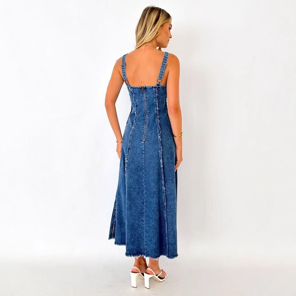 D42110 High Quality Women's Temperament Slim Denim Dress Retro Style Long Swing Suspender Dress